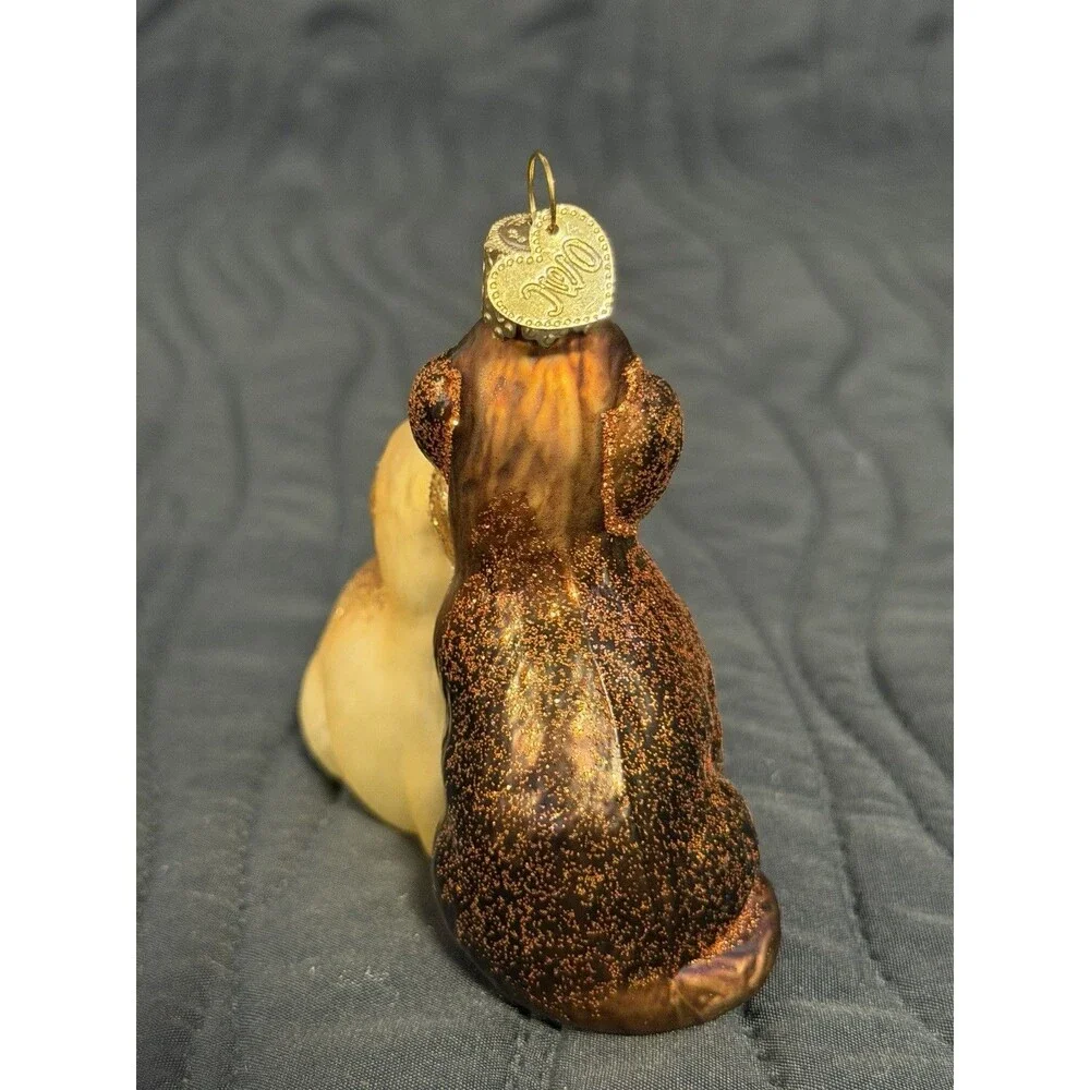 Merck Family Old World Christmas Glass Dog Ornament Brown & Golden w/ Box Bookle